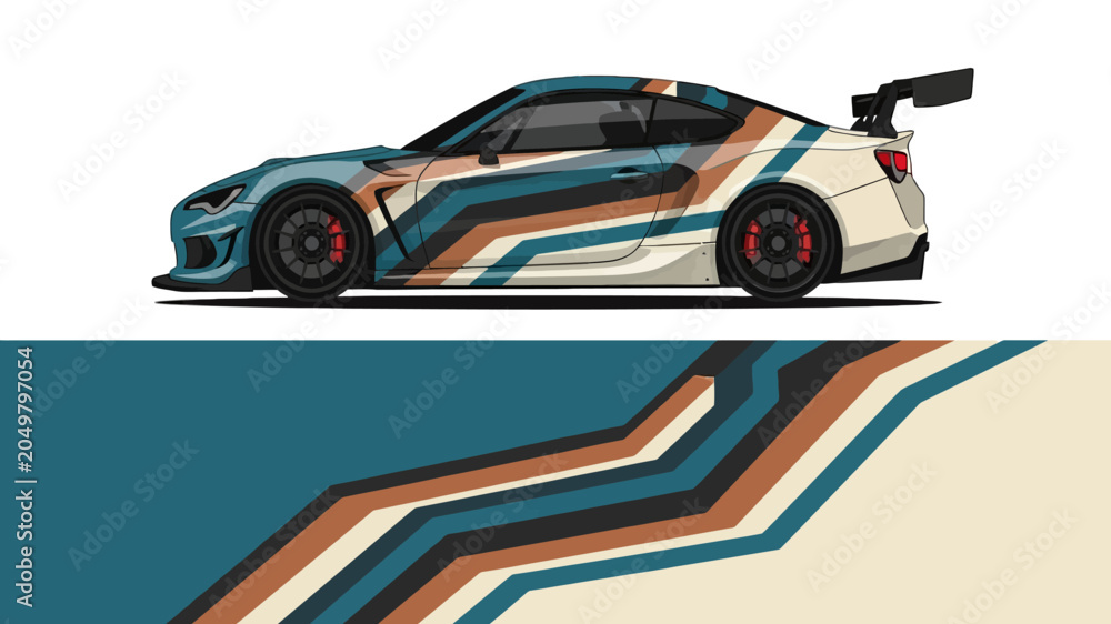 Fototapeta premium Bold stylized sports car with blue and beige striped livery in motion and dynamic lines.
