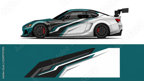 Obraz na płótnie Sleek white racing car with teal accents and dynamic angles.