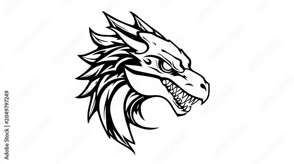 Obraz premium Fierce Dragon Head Illustration Black and White.