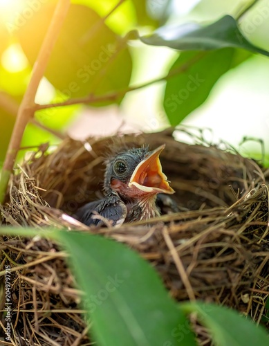 A baby bird sits in a nest with its mouth open, surrounded by greenery and sunlight