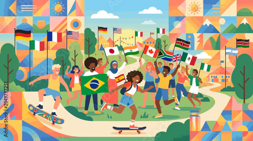 Diverse People Celebrate Global Unity with Flags and Skateboards in Colorful Park