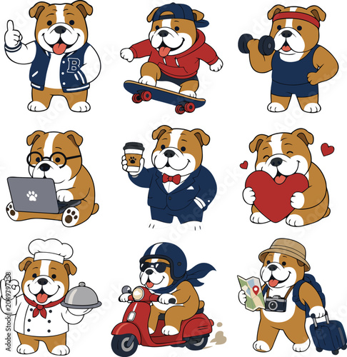 Fotografía Set of cute bulldog characters in different roles