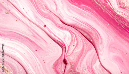 Abstract fluid art with swirling pink and white marble texture, sparkling gold glitter accents, elegant marbled effect for luxurious backgrounds