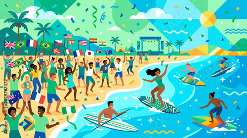 Photography Diverse crowd celebrating on beach with flags and surfing