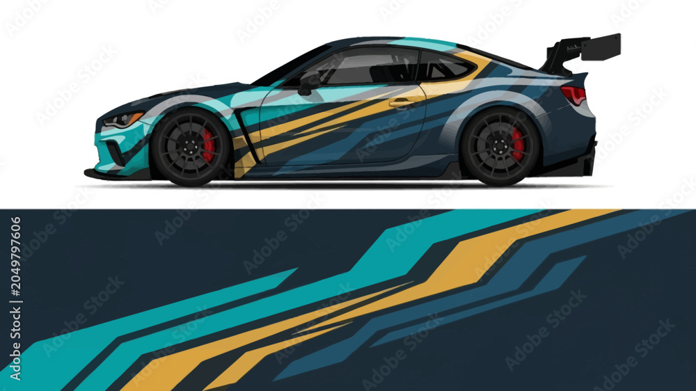 Fototapeta premium Stylized teal and gold racing car with dynamic abstract stripes on a blue background.