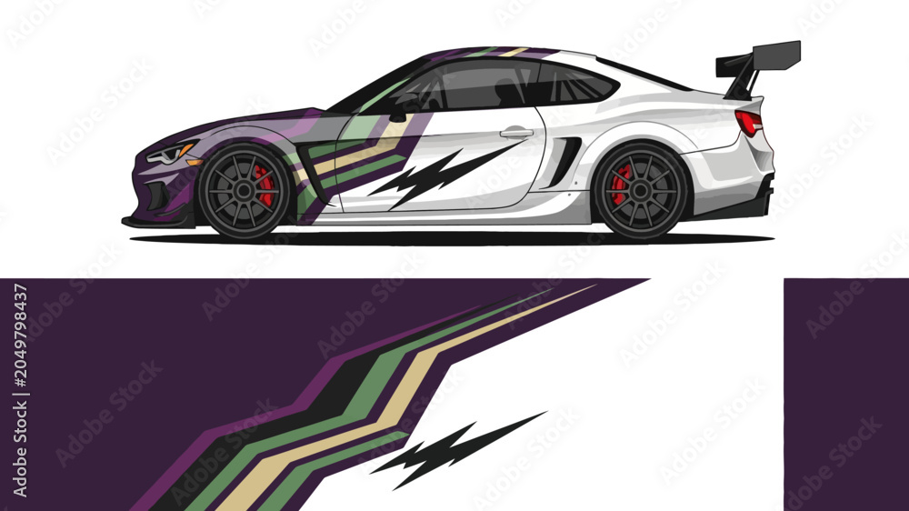 Naklejka premium White sports car with colorful racing livery and dynamic decals showcasing sleek design.