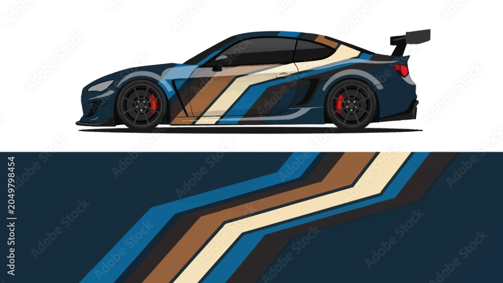 Fototapeta premium Side view of a blue and tan racing car with bold stripes on a track.