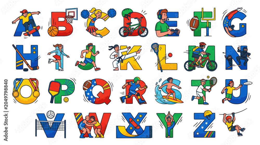 Fototapeta premium Alphabet Of Sports: Illustrated Letters With Athletes and Equipment