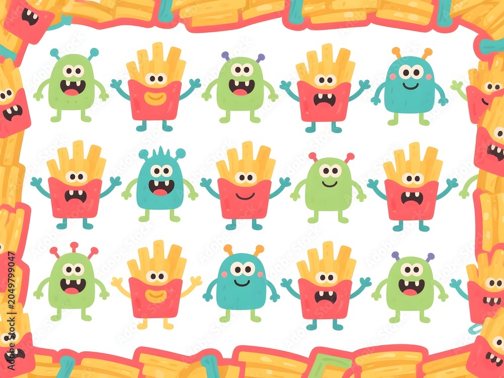Naklejka premium Cute French Fries Monster Cartoon Seamless Border Pattern Background
