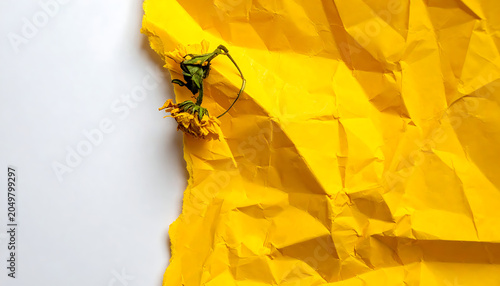 A single wilting dandelion flower on crumpled yellow paper, representing fragility and decay