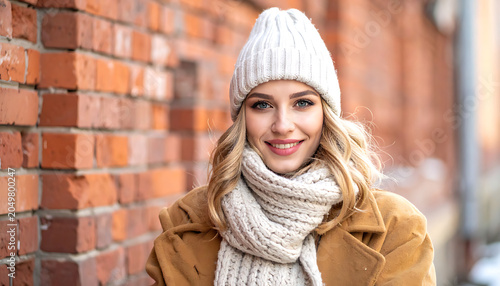 A smiling young woman in a white knitted hat and scarf, wearing a brown coat, with a brick wall and blurred background, winter fashion portrait