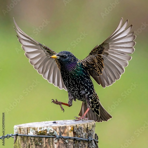 A bird with iridescent feathers perches on a wooden post with outstretched wings