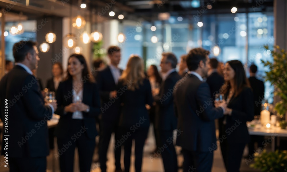 Fototapeta premium Blurred image of business people mingling and socializing at an evening networking event with ambient lighting.
