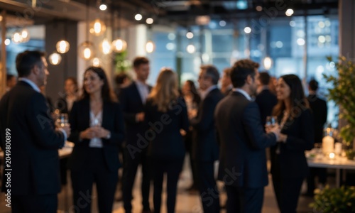 Blurred image of business people mingling and socializing at an evening networking event with ambient lighting.