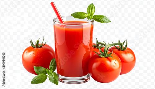 A tall glass of fresh tomato juice with whole tomatoes and basil leaves, vibrant red, refreshing beverage, healthy drink