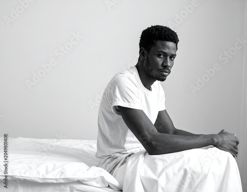 A black and white photo of a dark-skinned man sitting on a bed