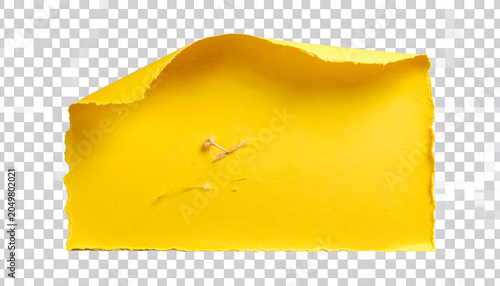 A torn piece of bright yellow paper with a curled corner, showing a rough edge and a textured surface, isolated on a transparent background