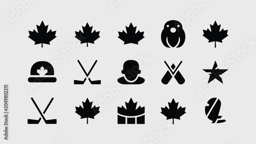 Foto Simple canadian icon set with various maple leaf designs hockey sticks and winter apparel