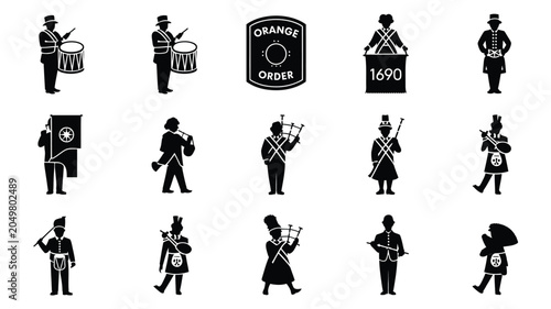 Schilderij op canvas Orange order parade flat icons set with marching band members drummers and banner symbols