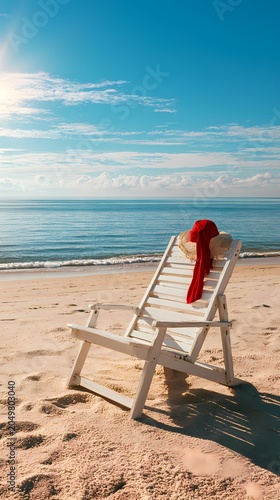 Empty white wooden sun lounger with red towel on a sunny sandy beach near the sea