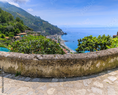 View of the Lemon Path (or the Sentiero dei Limoni) on the Amalfi Coast, in southern Italy: in the distance you can see the outline of the town of Maiori.