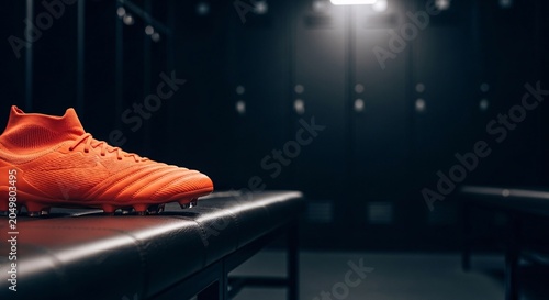 Soccer coach's clipboard with orange cleat on turf in locker room 202606070157