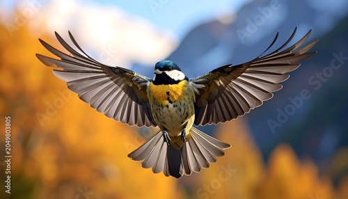 A bird with yellow and brown plumage flies towards the viewer with outstretched wings against a blurred background of autumn foliage and mountains