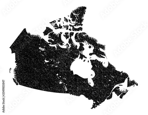 A black and white pixelated map of Canada on a white background
