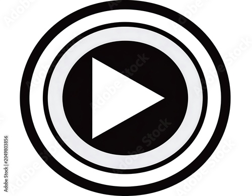 A black and white play button icon with a triangle inside concentric circles