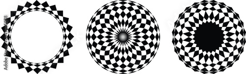 Fotografie Set of black and white optical illusion circles featuring checkerboard spiral, g