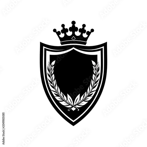 A black and white shield with a crown and laurel wreath design