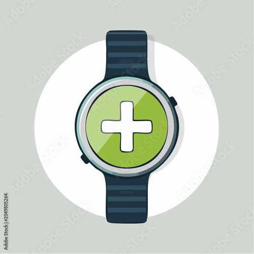 Smartwatch with green display showing a white plus sign