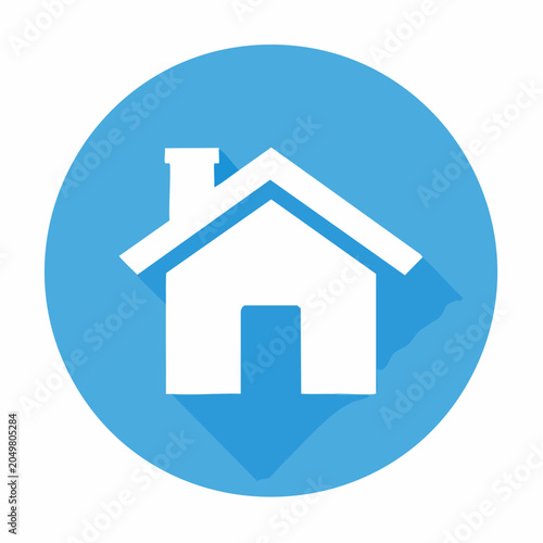 White house icon on blue circle background, flat design