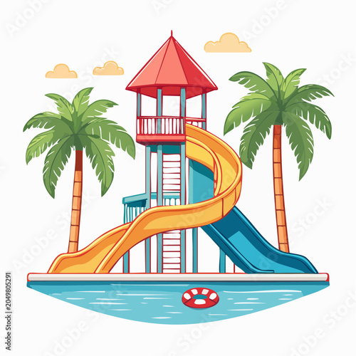 Water slide with palm trees and swimming pool