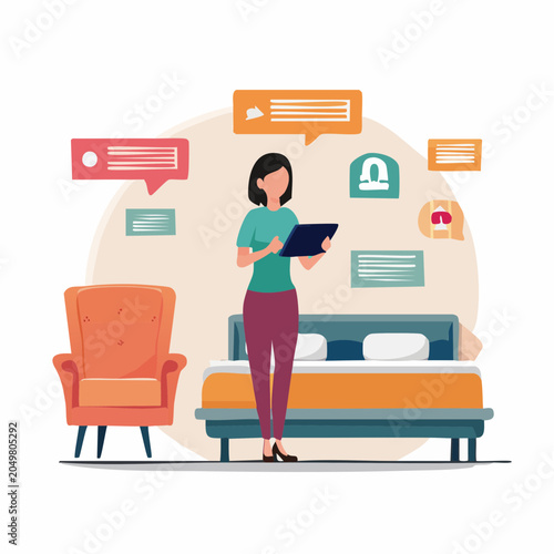 Woman using tablet in bedroom with chat bubbles