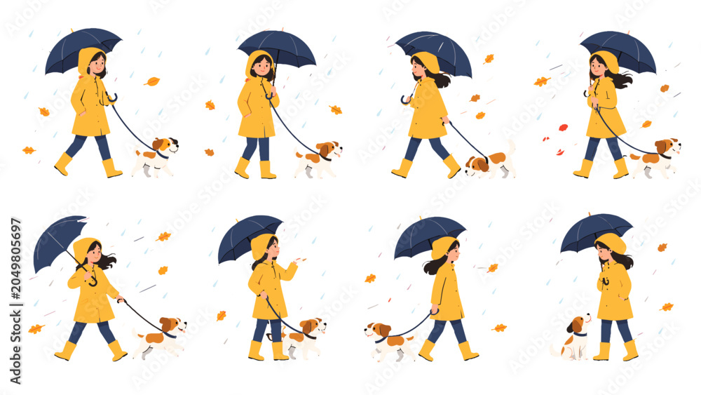 Naklejka premium Woman walking dog in rain with umbrella cartoon vector set