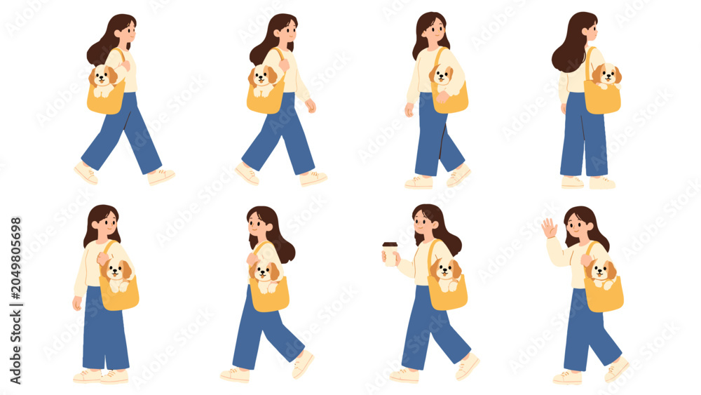 Fototapeta premium Woman walking with small dog in yellow shoulder bag set
