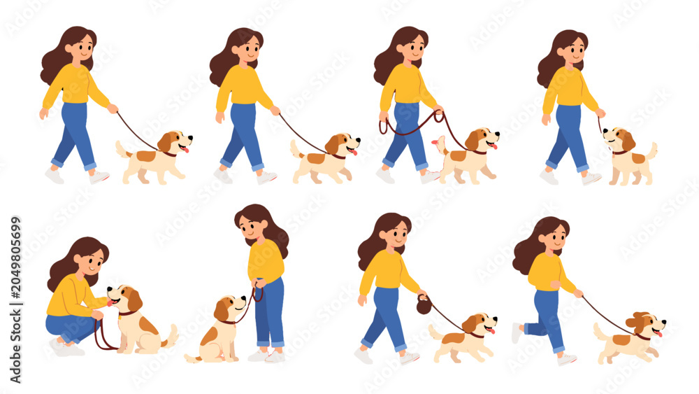 Fototapeta premium Woman walking and playing with dog in cartoon vector set