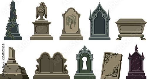 Schilderij op canvas Gothic Tombstone and Cemetery Monument Collection Featuring Vintage Gravestones,