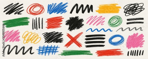 Vibrant collage of colorful crayon scribbles, lines, and shapes creates a playful and energetic artistic background with a hand-drawn, childlike feel.