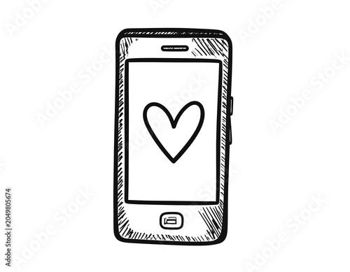 A black and white sketch of a mobile phone with a heart on its screen