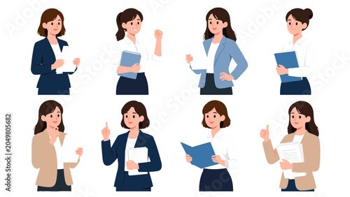 Obraz na plátně Set of businesswomen holding documents in office poses
