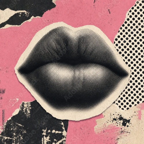 Bold, graphic illustration of full lips rendered in a halftone dot style, set against a distressed, collage background.