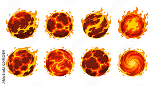 Obraz na plátně Set of eight flaming fireball sphere vector icons