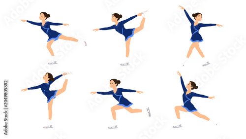 Set of female figure skaters in blue dresses performing poses