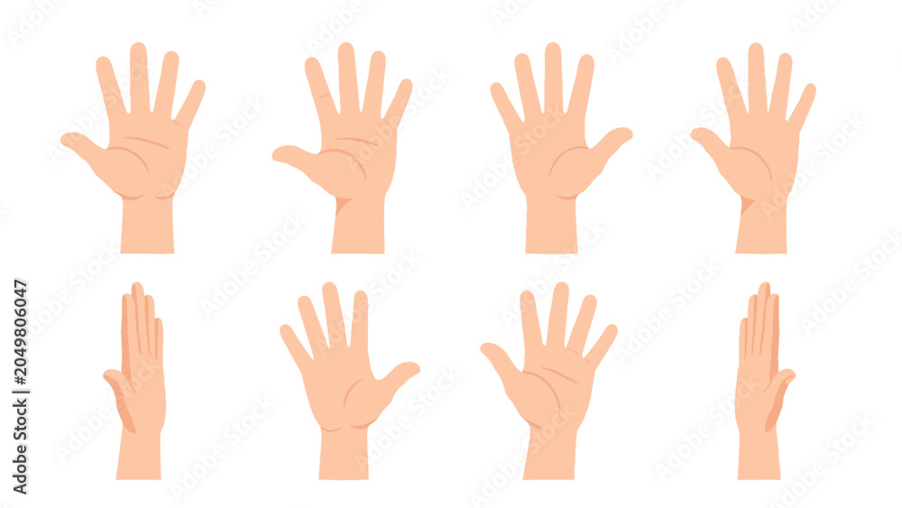 Obraz premium Set of cartoon human hands in open palm front and side views