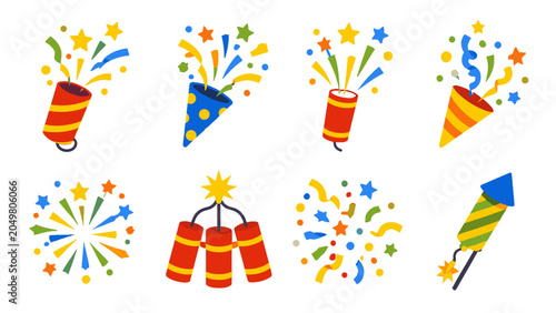 Foto Colorful party poppers and fireworks icons set
