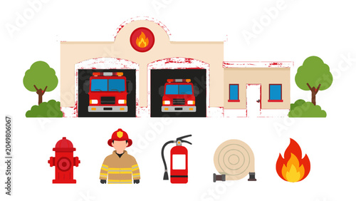 Cuadro en lienzo Fire station with fire trucks and firefighting equipment icons