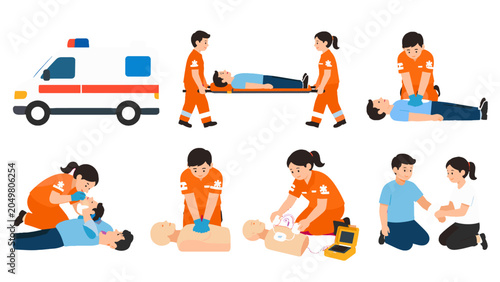 Obraz na plátně Emergency medical response scenes with ambulance and first aid