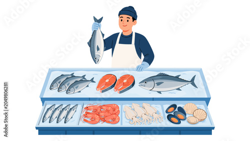 Foto Fishmonger standing behind fresh seafood display counter